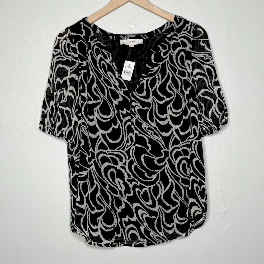 LOFT Womens Blouse Medium Black White Chiffon‎ Swirl Sheer Office Minimalist
